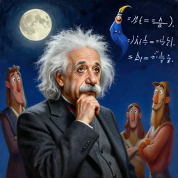breathtakingly beautiful painting of albert einstein dressed as a disney genie, thinking about equations, moonlit sky, matte painting by brian froud, shaun tan, wlo and peter mohrbacher, highly detailed, intricate,, award winning artwork, trending on artstation, high quality printing, fine art