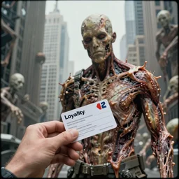 G man from half life 2 handing you a loyalty program card while his flesh is melting off, 4k render, 35mm film grain, wall street skyscrapers are in the background made out of frail bodies, pale, dystopian, hyper realistic