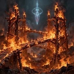 burning wood bridge twisting through the gates of hell, a burning battleground and bodies below by greg rutkowski craig mullins ross tran mucha levitating lumen reflections matte painting fantasy specular lighting trending on artstation
