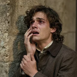 Photograph of an utterly terrified young man on the verge of panic tears in 1930s attire with long hair cornered against a stone wall. He looks utterly panicked and distressed.