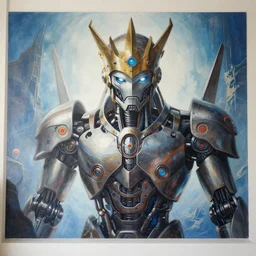 beautifully painted mural of a mechanical cyborg king, piercing glowing eyes, sci fi scenery, fantasy setting, intricate, highly detailed, incredible lighting, mural in the style of sandro botticelli, caravaggio, albrecth durer