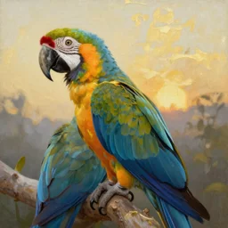 Painting of A macaw parrot. Art by william adolphe bouguereau. During golden hour. Extremely detailed. Beautiful. 4K. Award winning.