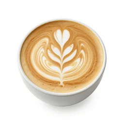 elegant cappuccino with latte art, 8k product photo, isolated on a pure white background, centered, entire object in frame, sharp focus, soft studio lighting