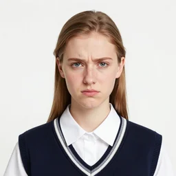 vibrant, color, beautiful portrait of a thin adolescent white woman with round face wearing a school uniform, annoyed look, acne, uneven skintone, dry skin, redhead, center parting, in the morning, natural light, sigma 8 5 mm, nikon 5 0 mm f / 1. 8 g, by lee jeffries