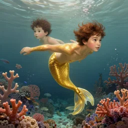harmony ( golden glimmering merman brown haired cute yoongi ), under water swimming, colorful coral, muted colors, wlop, james jean, victo ngai, highly detailed, fantasy art by craig mullins, thomas kinkade