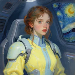 portrait of beautiful girl on a spaceship, futuristic clothes, pastel shades of yellow en light blue, beautiful face, rule of thirds, spotlight, drips of paint, expressive, passionate, by greg rutkowski, by jeremy mann, by francoise nielly, by van gogh, digital painting
