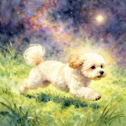 a flying cream-colored Havanese dog running through a beautiful nebula of grass and sunshine, water color, art by artgerm and greg rutkowski and alphonse  mucha and jin xiaodi and anthony devine