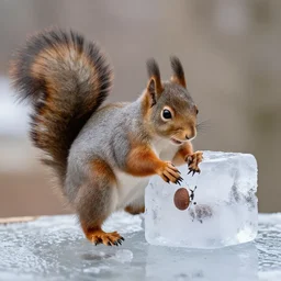 a squirrel placing a nut in a crack of an ice cube photograph