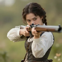 A woman aiming a musket, victorian era, super detailed, 4k, anime art style, cute