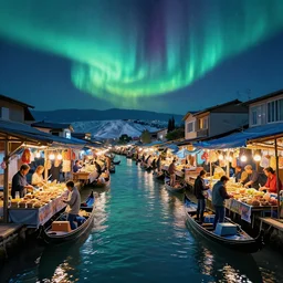 floating markets of dotonbori street in gold pamukkale river in cyberpunk theme during aurora borealis, by ruan jia, adim kashin, martine johanna, yoann lossel, jakub rebelka, james jean, claude monet, rule of thirds, seductive look, intricate, vendor, food market,