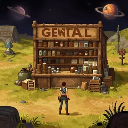 in front of a [ [ [ [ [ [ general store ] ] ] ] ] ] in a remote outpost, on an alien planet, from a space themed point and click 2 d graphic adventure game, set design inspired slightly by tomb raider, art inspired by thomas kinkade and mark keathley