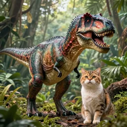 photo realism, tyrannosaurus rex cat hybrid, jungle background, 4 k, detailed