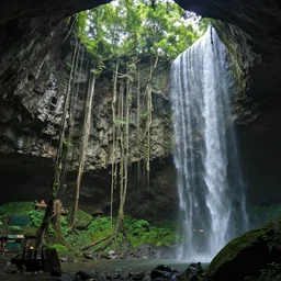 temple, inside an enormous vast cave, huge trees, vines, waterfall