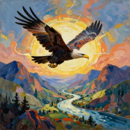 woman flies like an eagle over the mountains and valleys and along the river to the ocean, abstract art in the style of georgia o keefe,