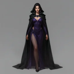 Fantasy portrait, Necromancer, female, beautiful face, dark garments, dark pruple robes, midriff, Black cloak from neck to ankles, pin-up, shapely toned legs, matte painting, by WLOP, artstation