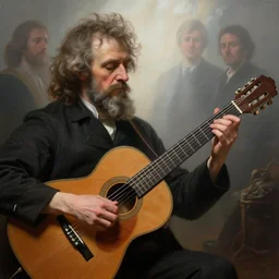 a beautiful guitar with arms playing itself by caspar david friedrich and william etty and ferdinand knab and gil elvgren, mist, hyperrealism, volumetric lighting, god rays, ultrafine details, sfumato