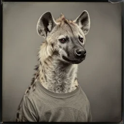 professional studio photo portrait of anthro anthropomorphic spotted hyena head animal person fursona wearing casual tshirt clothes by Louis Daguerre daguerreotype tintype