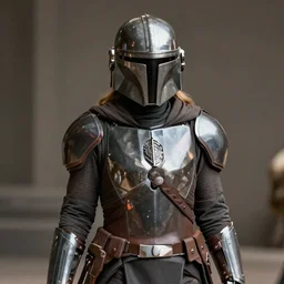Jennifer Lawrence wearing Mandalorian armour, tv still from 'The Mandalorian'