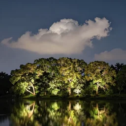 a beautiful landscape of imagination, trees, illuminated cloud wisps in the sky, night, sense of wonder, water reflections,