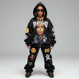 girl full body wearing designer hoodie as doja cat as cardi b wearing gold chain and sunglasses and gold hoop earrings by greg rutkowski by artgem trending on artstation hero concept art