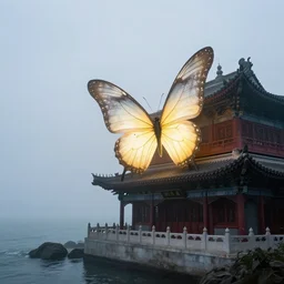 on a foggy morning, cloudy day, a giant glowing butterfly perches in an ancient chinese building on the sea, by craig mullins