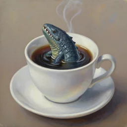 oil painting of coffee cup with loch ness monster swimming inside,
