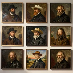 many versions of the american gothic painting in styles of different famous painters on a wall