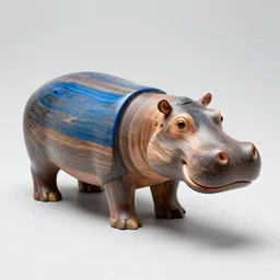 a photo of a model hippo made of repurposed elm wood composite straight lines blue epoxy resin, zeiss 1 5 0 mm f 2. 8 hasselblad, award - winning photo