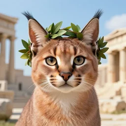 cute fluffy caracal in a ancient greek city, wearing laurel wreath on head | | cute, key visual, realistic shaded perfect face, fine details by stanley artgerm lau, wlop, rossdraws, james jean, andrei riabovitchev, marc simonetti, and sakimichan, trending on artstation