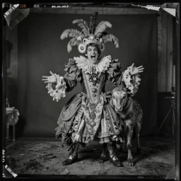 damaged kodak portra 4 0 0, wetplate, photo of bob ross screaming, weird fashion, grotesque, extravagant dress, strange pose, carneval, with an animal, wtf, photographed by paolo roversi style