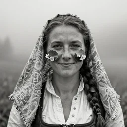 portrait photography tyrolean female farmer, leaves and edelweiss growing from face, hay cloths, desaturated, fog, 1. 2 f, 3 5 mm, dark, smiling, 1 9 2 0 s ghost photography