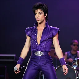 photo still of prince from purple rain on stage at vans warped tour!!!!!!!! at age 3 3 years old 3 3 years of age!!!!!!!! shredding on guitar, 8 k, 8 5 mm f 1. 8, studio lighting, rim light, right side key light
