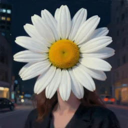 closeup, a huge daisy flower as a head, a woman in a modern city, surreal photography, night light, dark, impressionist painting, digital painting, artstation, simon stalenhag
