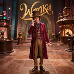 Charlie in Willy Wonka’s chocolate factory, film still from the movie directed by Denis Villeneuve with art direction by Zdzisław Beksiński, wide lens
