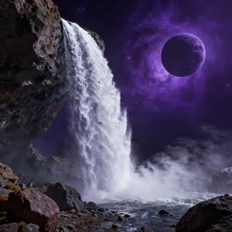 a waterfall on asteroid in asteroid field, purplish space in background, ultra realistic, ultra detailed, artstation award winner, octane render