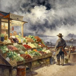 watercolor painting of shop inside, herbs and spices, wild west store, art by anders zorn, wonderful masterpiece by greg rutkowski, beautiful cinematic light, american romanticism by greg manchess, creation by tyler edlin, stormy puffy clouds and harbour in distant background, foggy