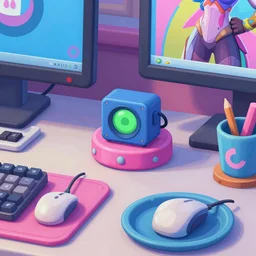 game asset of closeup the sims desk decor, in gouache detailed paintings, props, stylized, 2 d sprites, kitbash, arcane, overwatch, blue and pink color scheme, 8 k, close up