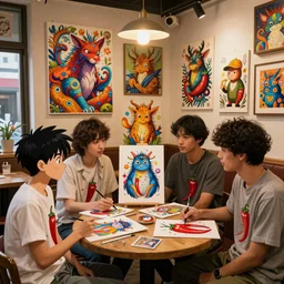 photorealistic anime italian cafe full of talking godlike artists showing off their art, different ethnicities, masterpiece, award - winning, vfx, intricate animal people by akira toriyama wearing chili peppers on their shirts, rim lighting