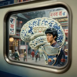 fuji gfx, 2 0 0 mm ; beautiful hyperrealistic dithered film still from nepal movie of wired devanagari brain map scene in style of 1 9 9 0 s frontiers in miniature porcelain retrofuturism deep emboss macro design architectural art studio photography magazine devanagari banner still life seinen manga extreme closeup portrait edition, real - life shinkansen window view porcelain izakaya sign, highly detailed, tilt shift zaha hadid scene background