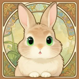 a cute mix between a rabbit and a cat, beige, big green eyes, cute artgerm, alphonse mucha