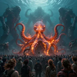 underwater fractal of the crowd of people of last survivors on earth witness the end of the world, big fire octopus cthulhu in the center, big titan creature apocalypse scene, by giger and vladimir kush, au naturel, hyper detailed, digital art, trending in artstation, cinematic lighting, studio quality, smooth render, octane rendered...