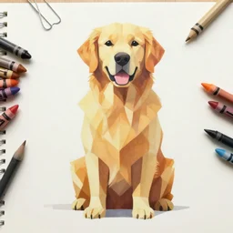 finished low poly drawing of a golden retriever, crayons., artstation trending
