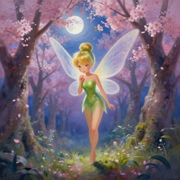 a beautiful painting of tinkerbell in a cherry blossom forest, volumetric lighting, moonlit by greg rutkowski and kalin popov, trending on artstation, masterpiece,