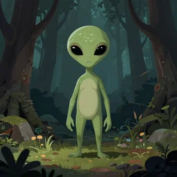 an illustration of a alien in the darkness woods, trending on artstation, central composition, very cartoon, shape focus, high detailed, by anton fadeev