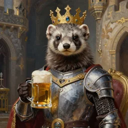 detailed painting of a regal ferret dressed in knight armor staring ahead, holding a mug of ale, castle interior