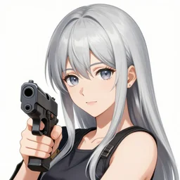 girl silver hair, multicam, holding a gun, illustration by Takehiko Inoue, portrait