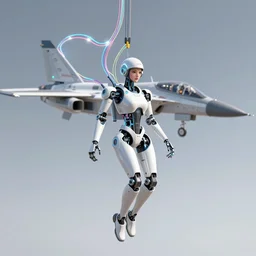 background is air combat. foreground : a beautiful robot fighter pilot is suspended by luminous intricate organic and colorful electric cables and wires and fiber to the jet cockpit computer motherboard, experiencing the quantum field cinematic highly detailed realistic beautiful cosmic neural network o