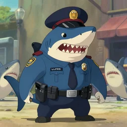 shark police officer in the disney, studio ghibli, pixar style. terrifying shark cop, street sharks, realistic, national geographic, shark week, lapd, photography canon eos r 3