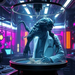 hd photorealistic concept art, mad biopunk scientist in his futuristic lab with prototype superbeing floating in enclosed glass tank, universal 3 d bioprinter, mri, cnc robot arms, vibrant, hyperdetailed scifi concept art, artstation, octane render hdr, rtx, by caravaggio, inspired by masamune shirow and ross tran and james gurney