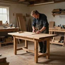 simple craftsman fine woodworker building a wooden table in their well lit clean open workshop, art by anders zorn, wonderful masterpiece by greg rutkowski, beautiful cinematic light, american romanticism thomas lawrence, greg rutkowski